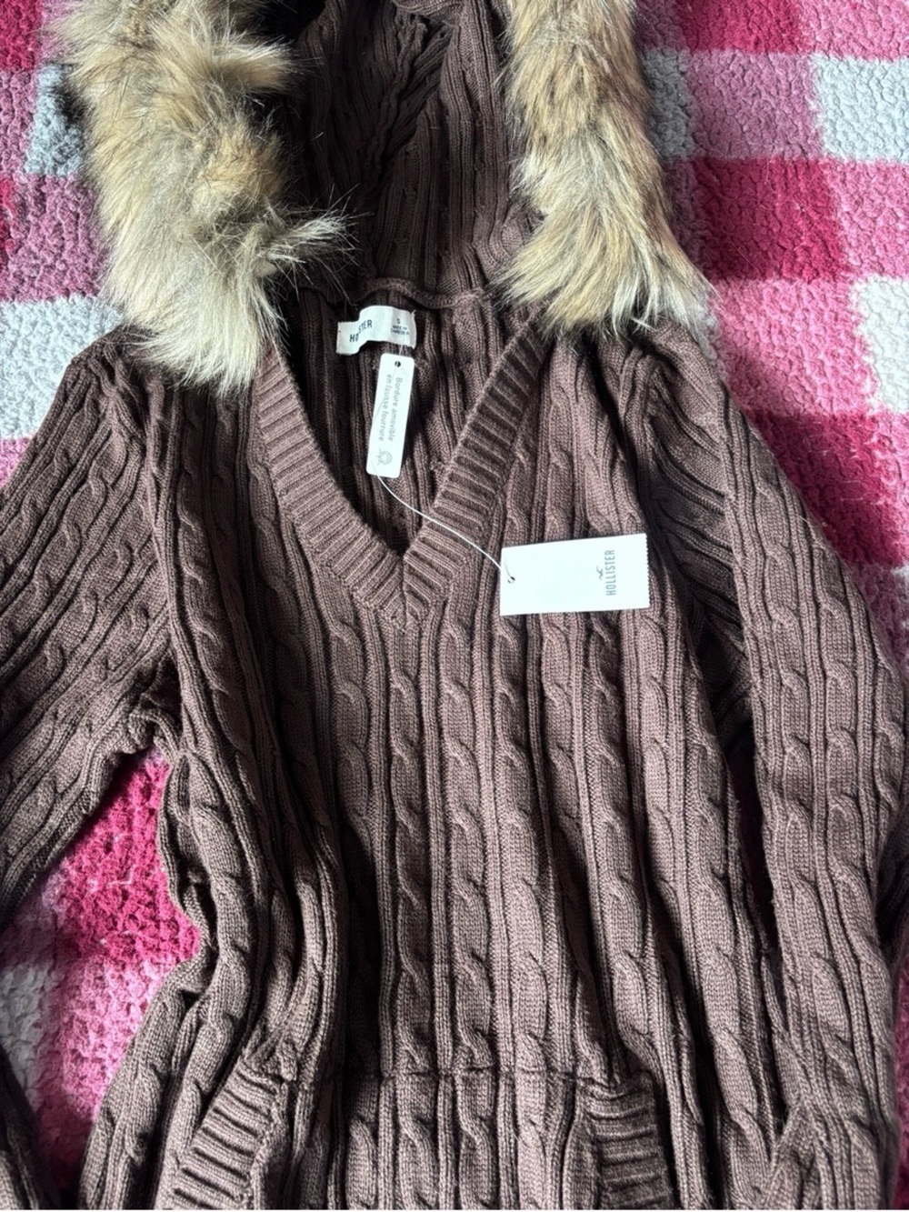 Hollister Chocolate Brown Cable-Knit Sweater Y2K Revival NWT Faux Fur Hoodie S - Picture 4 of 11